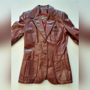 Vintage Etienne Aigner Red Leather Jacket  US 10 Goldtone Logo Hong Kong